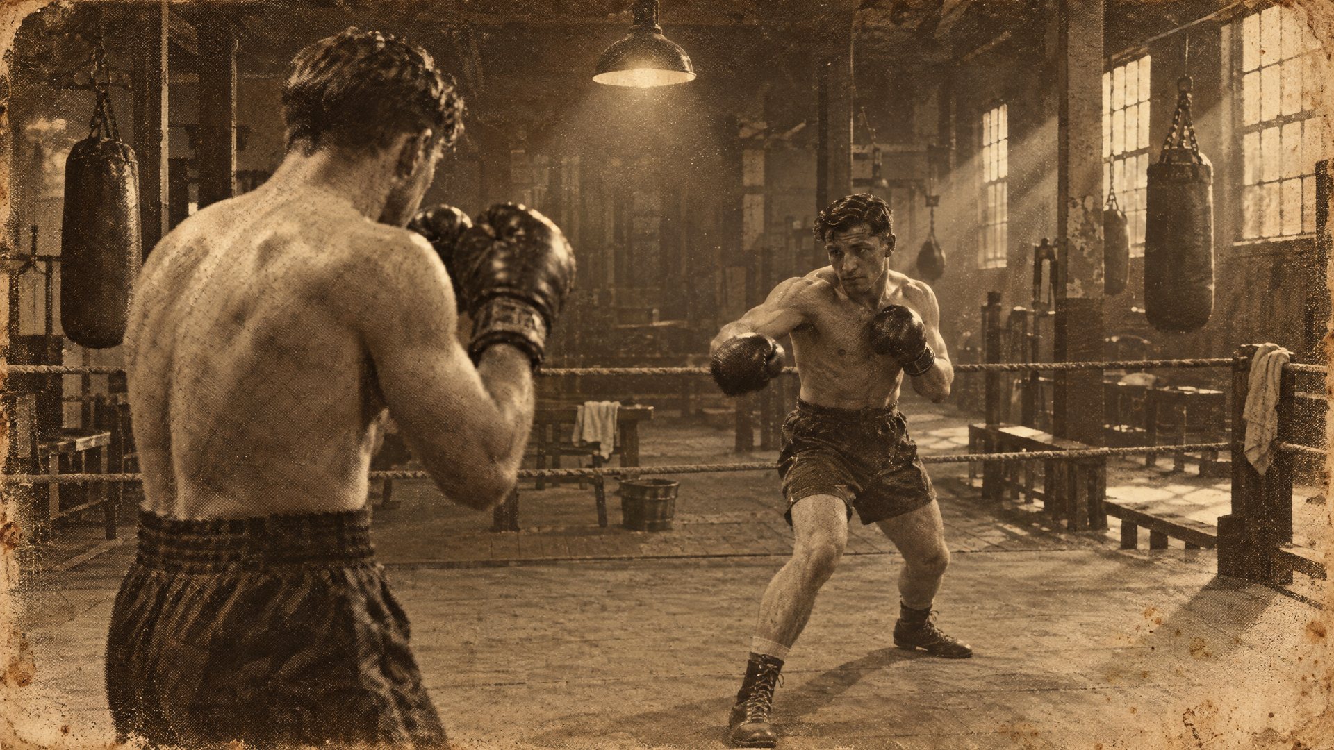 Two boxers in a period gymnasium. The fighter in the foreground keeps his guard high and his eyes fixed on his opponent's chest and shoulders rather than on the gloves.
