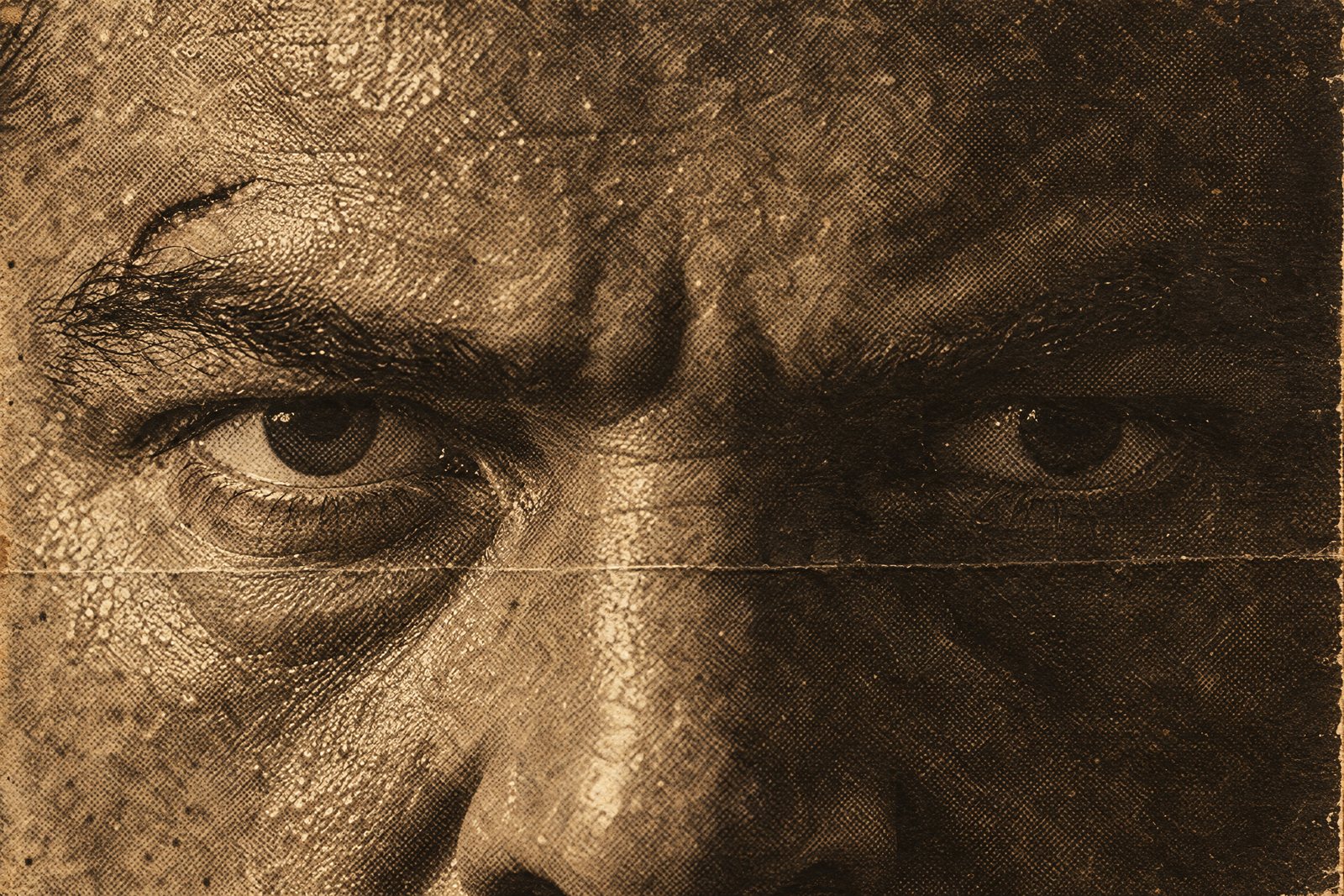 Extreme close-up of a boxer's eyes and brow, printed as a sepia halftone. The gaze is locked and absolutely still.